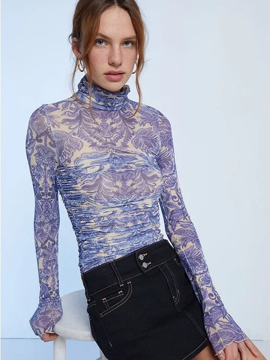 Free People Under It All Bodysuit XS Porcelain Combo Blue Floral Mesh Ruched NWT - Picture 13 of 14